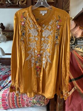Johnny Was Mustard Embroidered Boho Blouse